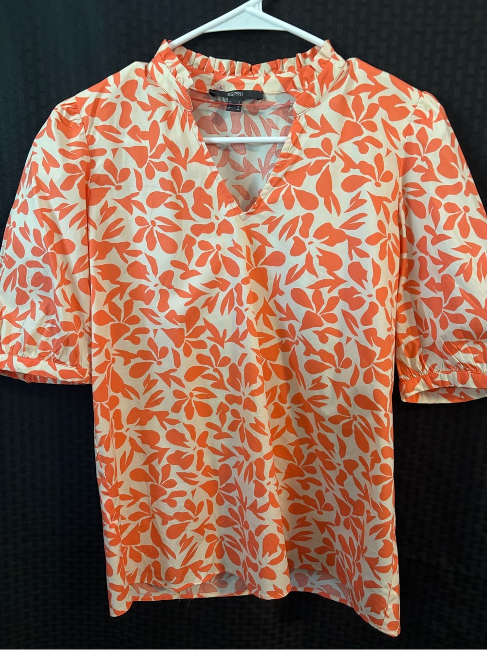 Esprit Orange Floral Short Sleeve Ruffle-Neck Blouse
